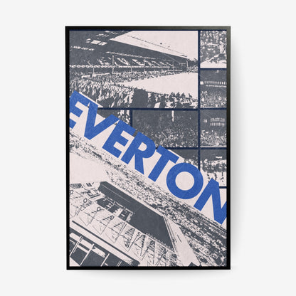 Everton Goodison Park stadium poster with blue typography in a black frame