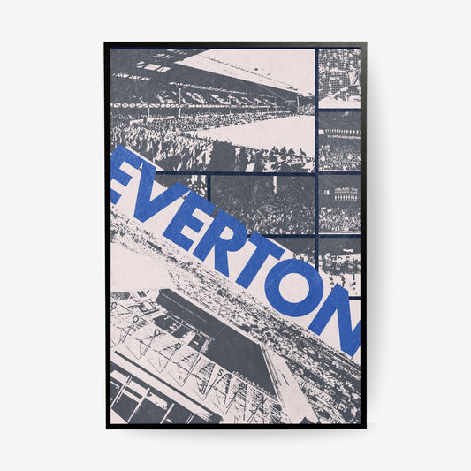 Everton Goodison Park stadium poster with blue typography in a black frame