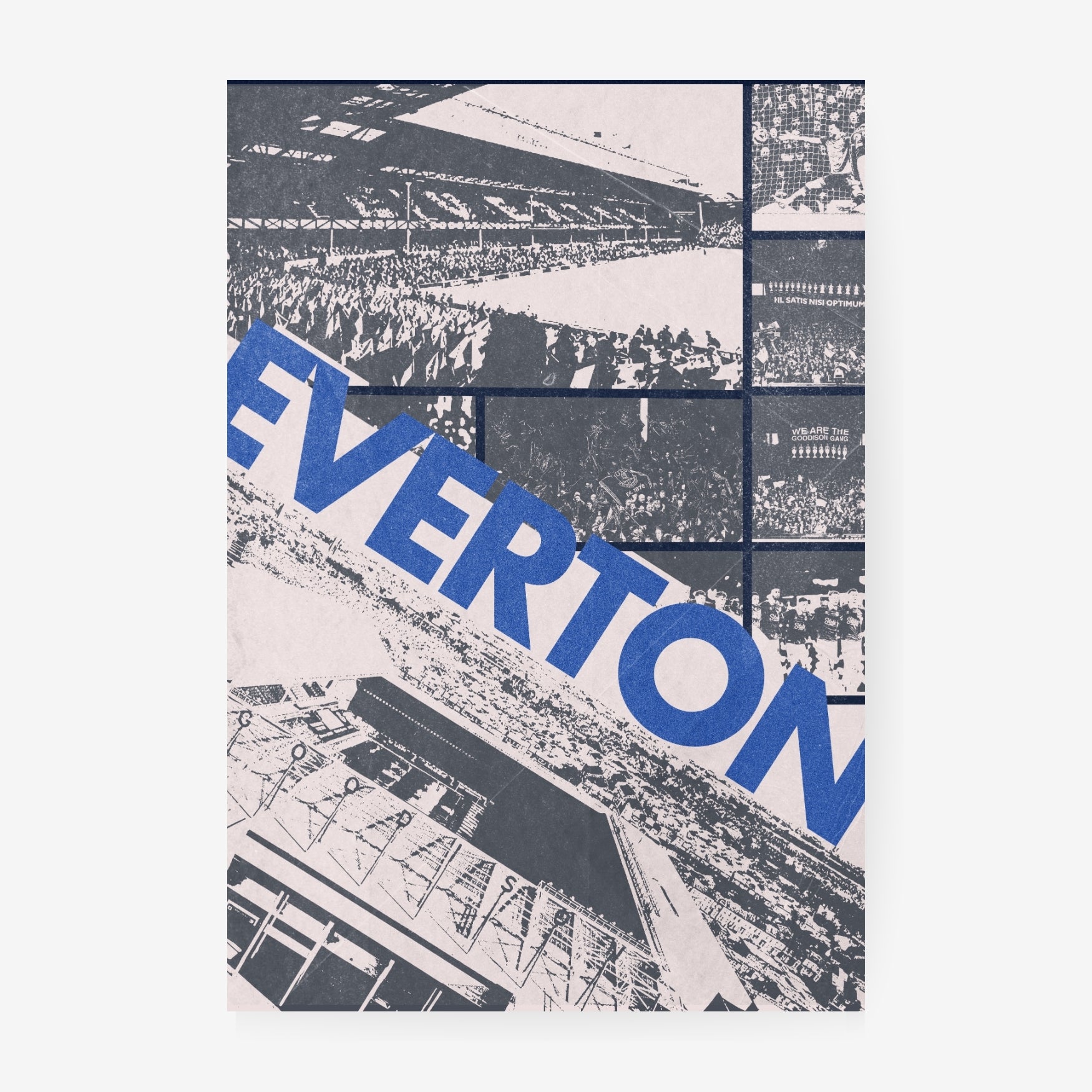Everton poster featuring Goodison Park stadium with bold blue Everton typography