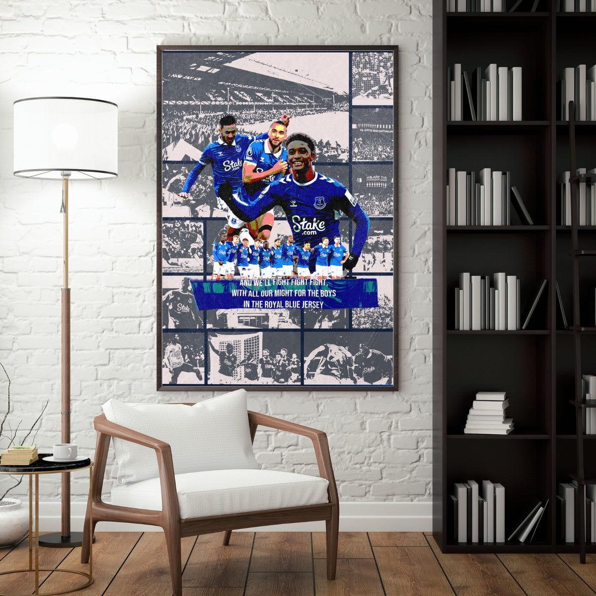 Everton poster displayed as framed royal blue football wall art in a modern room
