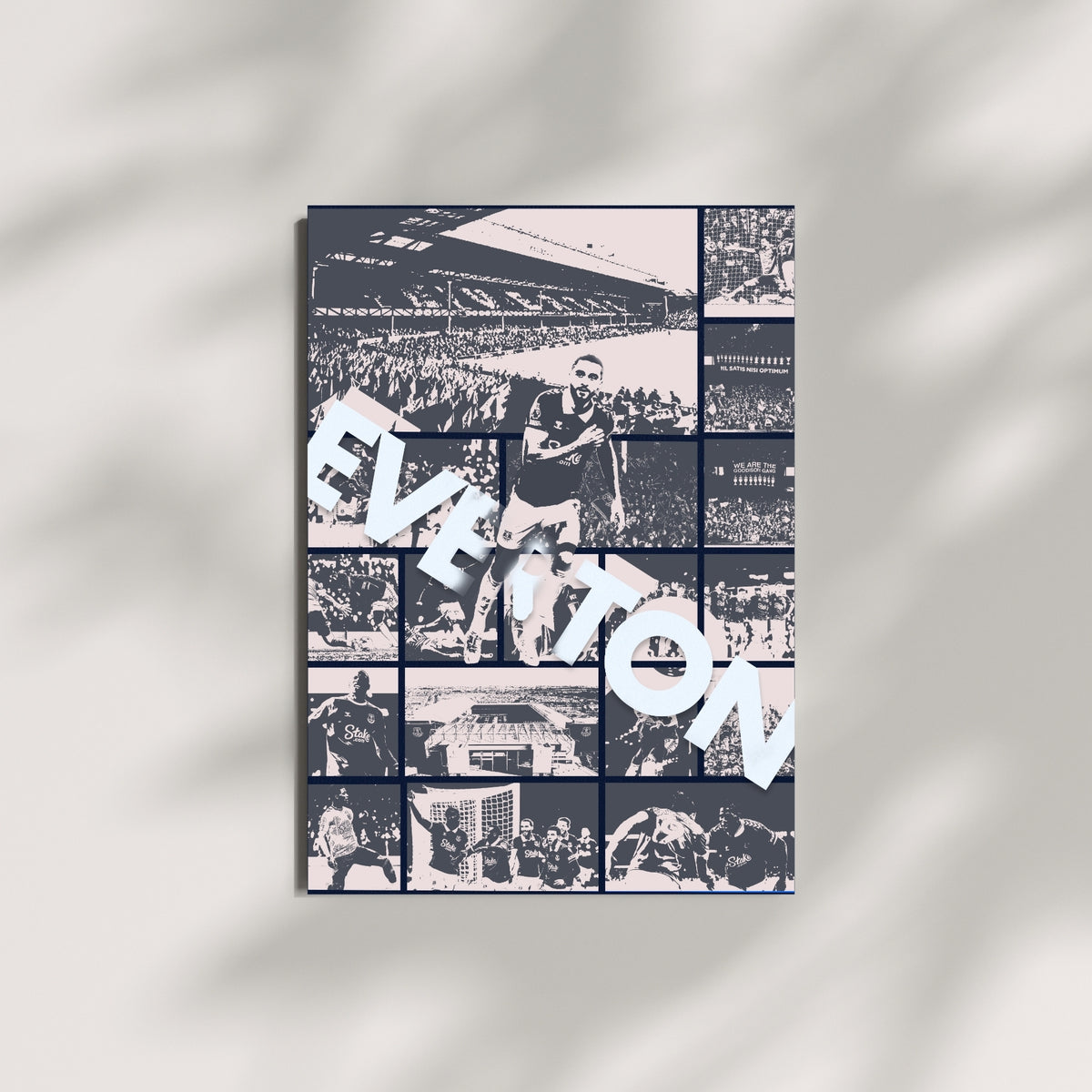 Everton football poster with Goodison Park collage displayed on a modern wall