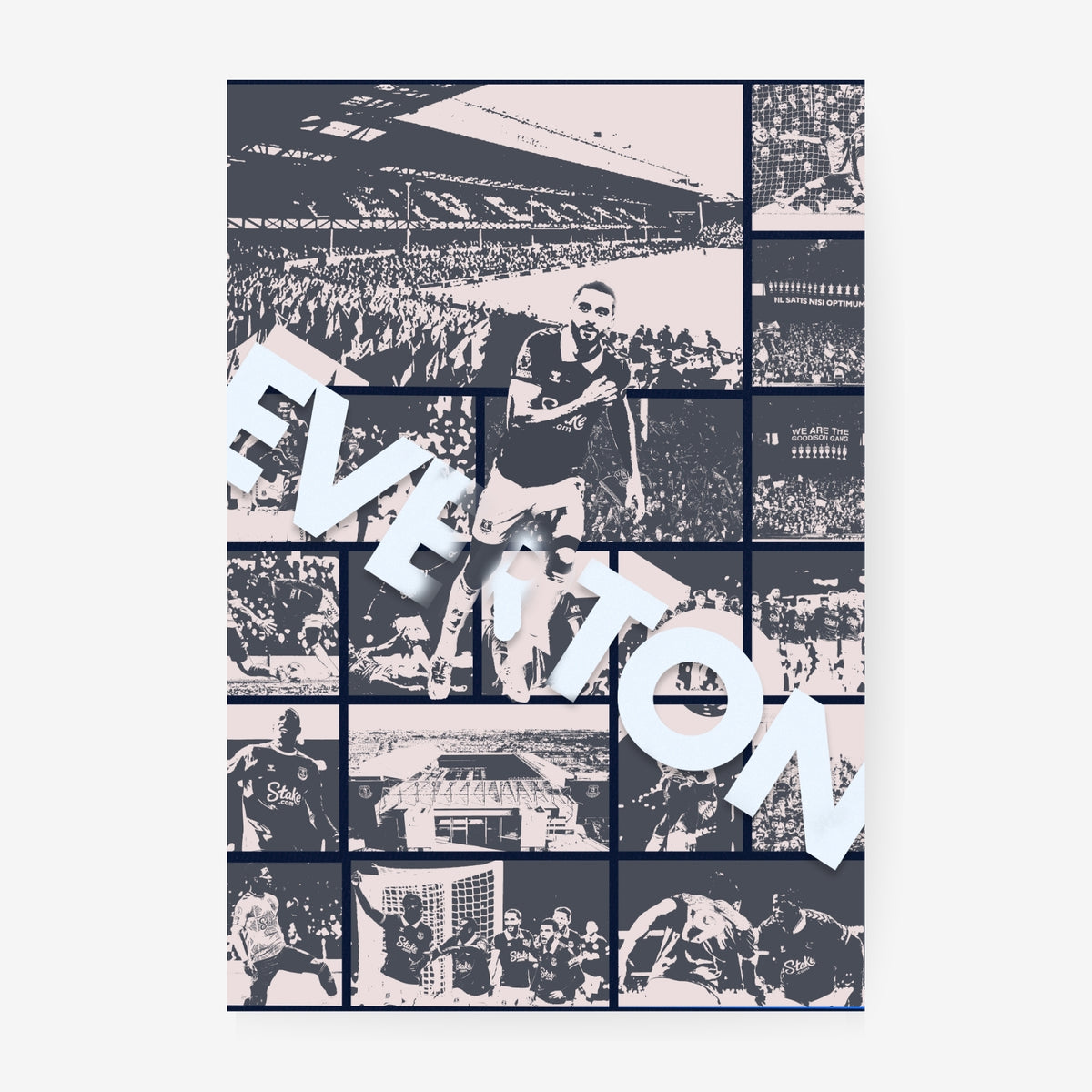 Everton poster featuring a football player, Goodison Park and historic club imagery