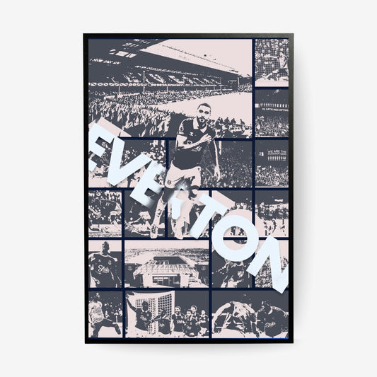 Everton football poster featuring a player and Goodison Park collage in a black frame