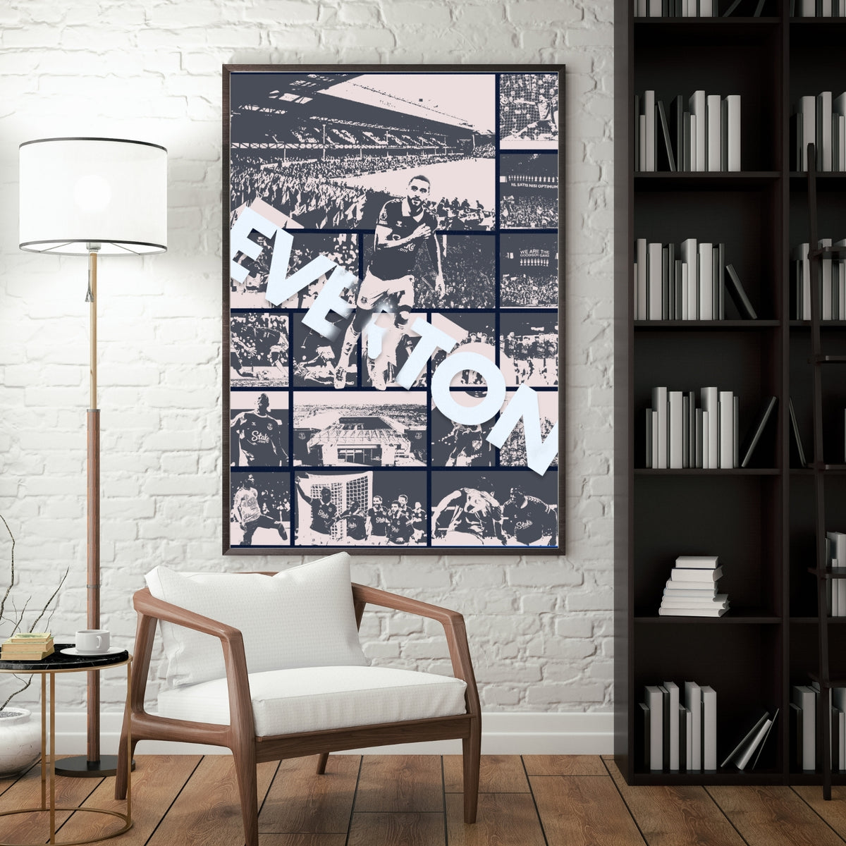 Everton poster featuring Goodison Park and football imagery displayed as framed room decor