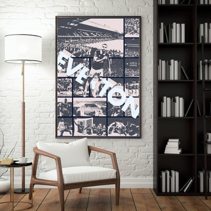Everton poster featuring Goodison Park and football imagery displayed as framed room decor