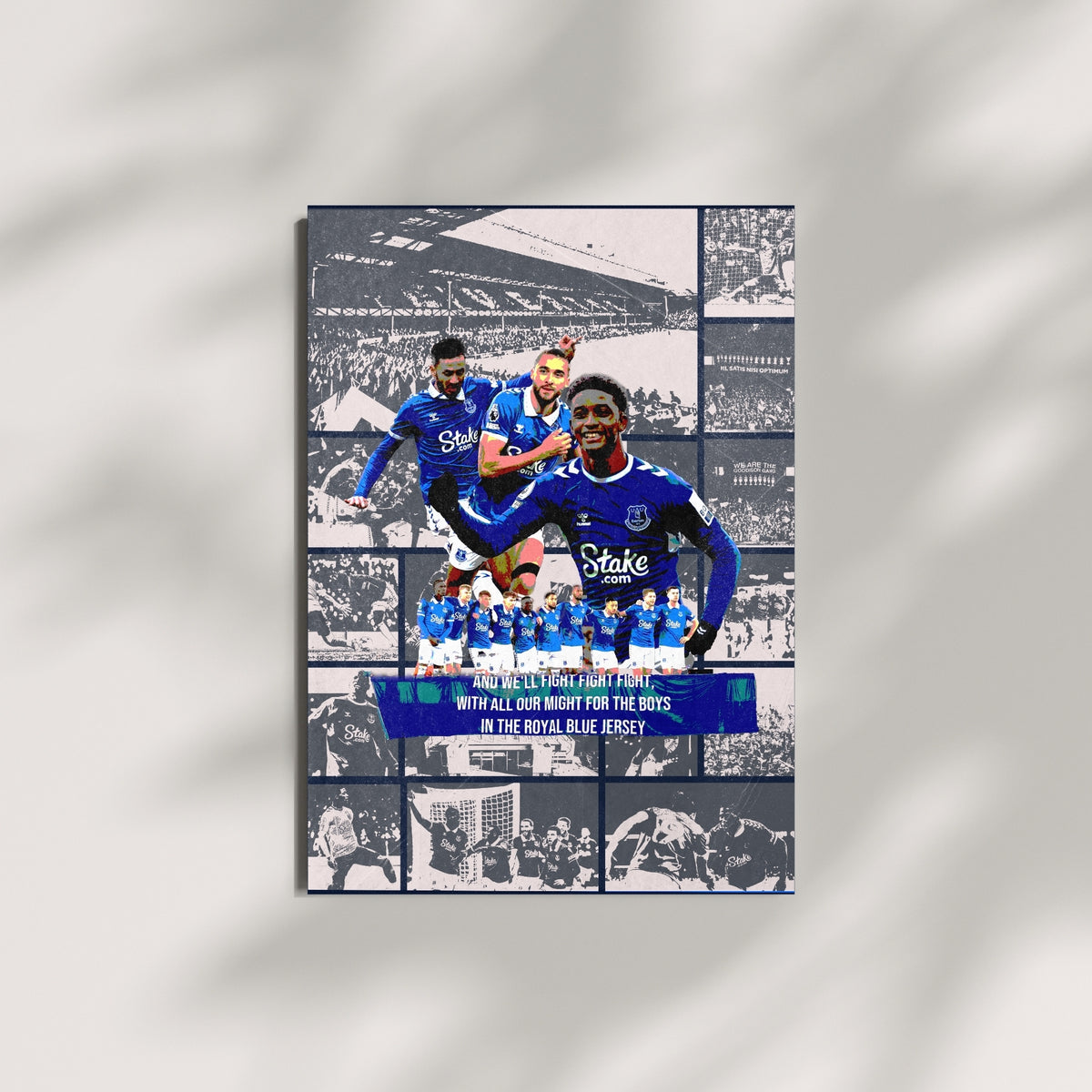 Everton football poster featuring royal blue players and Goodison Park imagery displayed as wall art