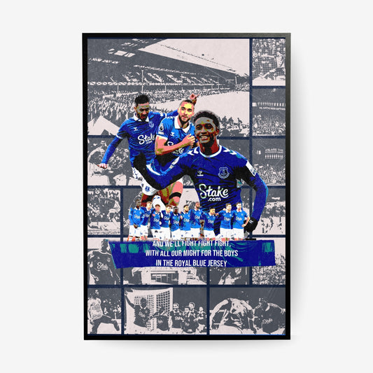 Everton poster featuring players in the royal blue jersey with Goodison Park imagery in a black frame