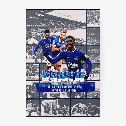 Everton football poster featuring players, Goodison Park and royal blue club imagery