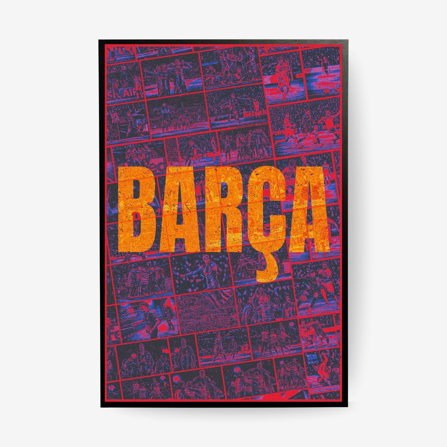 FC Barcelona Barça football poster in a black frame featuring iconic players and historic club moments