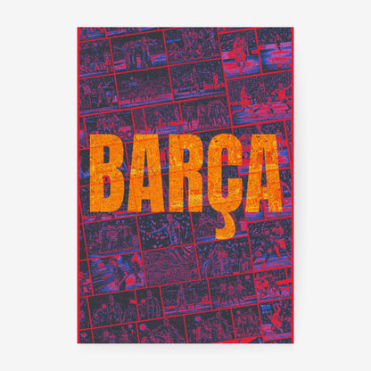 FC Barcelona Barça football poster featuring iconic players and memorable club moments in red and blue
