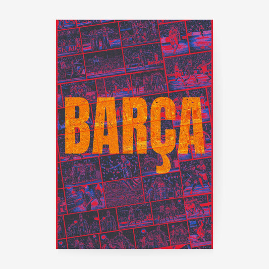 FC Barcelona Barça football poster featuring iconic players and memorable club moments in red and blue