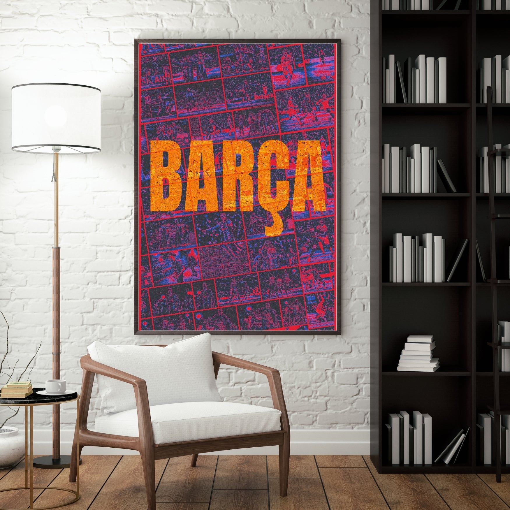 FC Barcelona Barça football poster displayed in a modern interior with a black frame