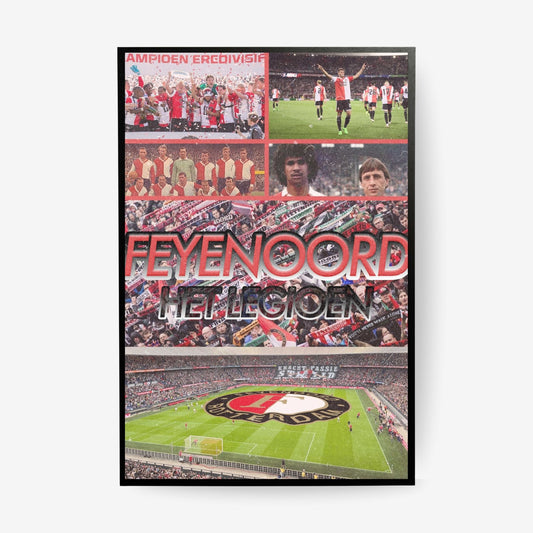 Feyenoord football poster in a black frame featuring club history, players and De Kuip stadium
