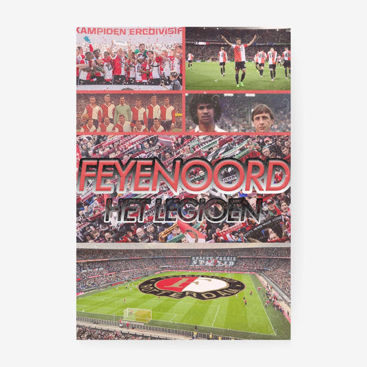Feyenoord football poster collage featuring historic players, supporters and De Kuip stadium