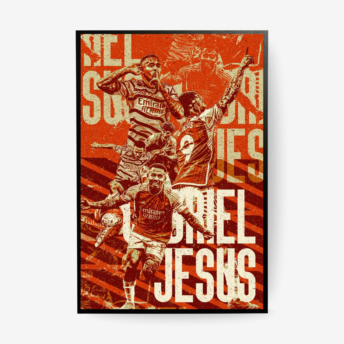 Gabriel Jesus Arsenal poster in a black frame featuring an orange and cream football collage design