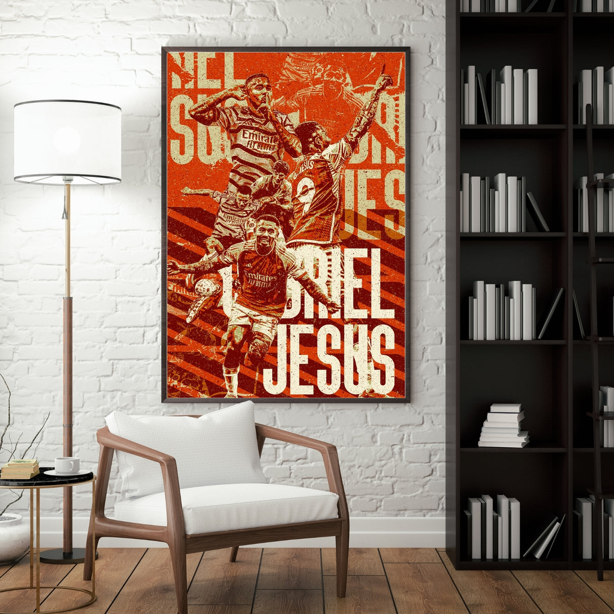 Gabriel Jesus Arsenal poster displayed in a modern interior with a dark frame