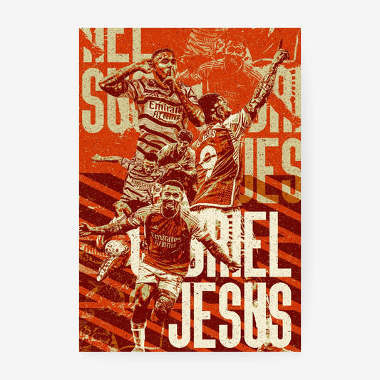 Gabriel Jesus Arsenal poster featuring the Brazilian forward in an orange vintage-style football collage