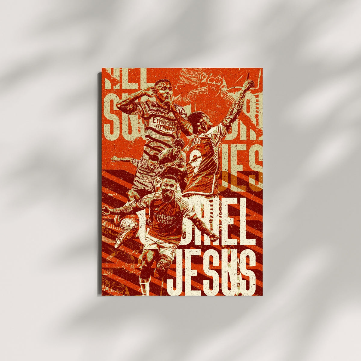 Gabriel Jesus Arsenal wall art displayed on a minimalist wall in an orange and cream graphic design
