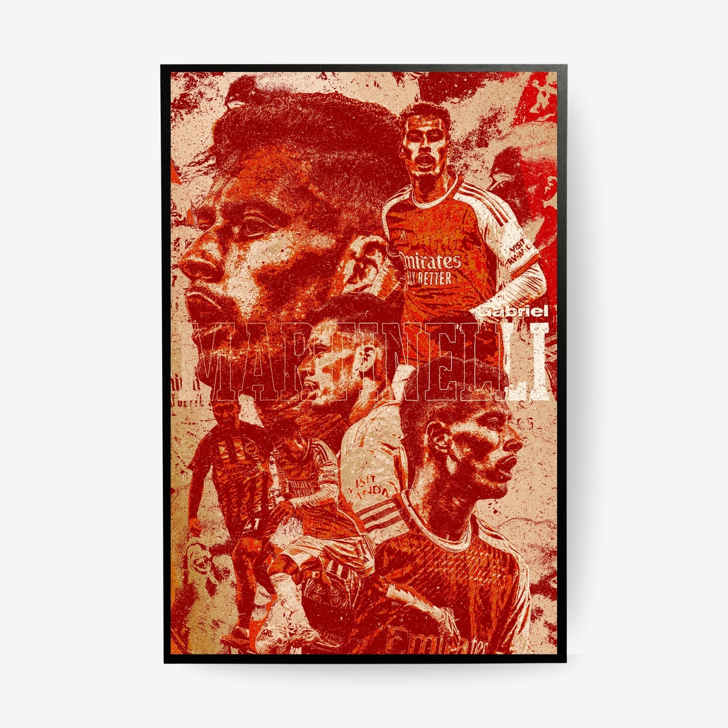 Gabriel Martinelli Arsenal poster in a black frame featuring a red and cream vintage football collage