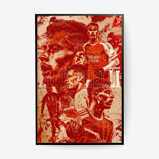 Gabriel Martinelli Arsenal poster in a black frame featuring a red and cream vintage football collage