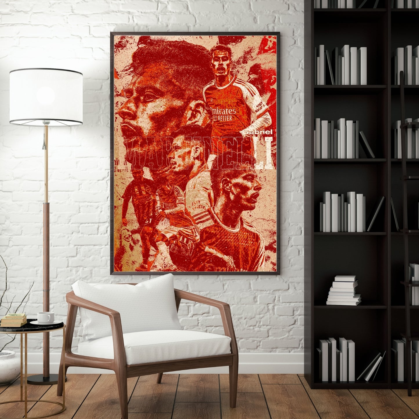 Gabriel Martinelli Arsenal poster displayed in a modern interior with a dark frame