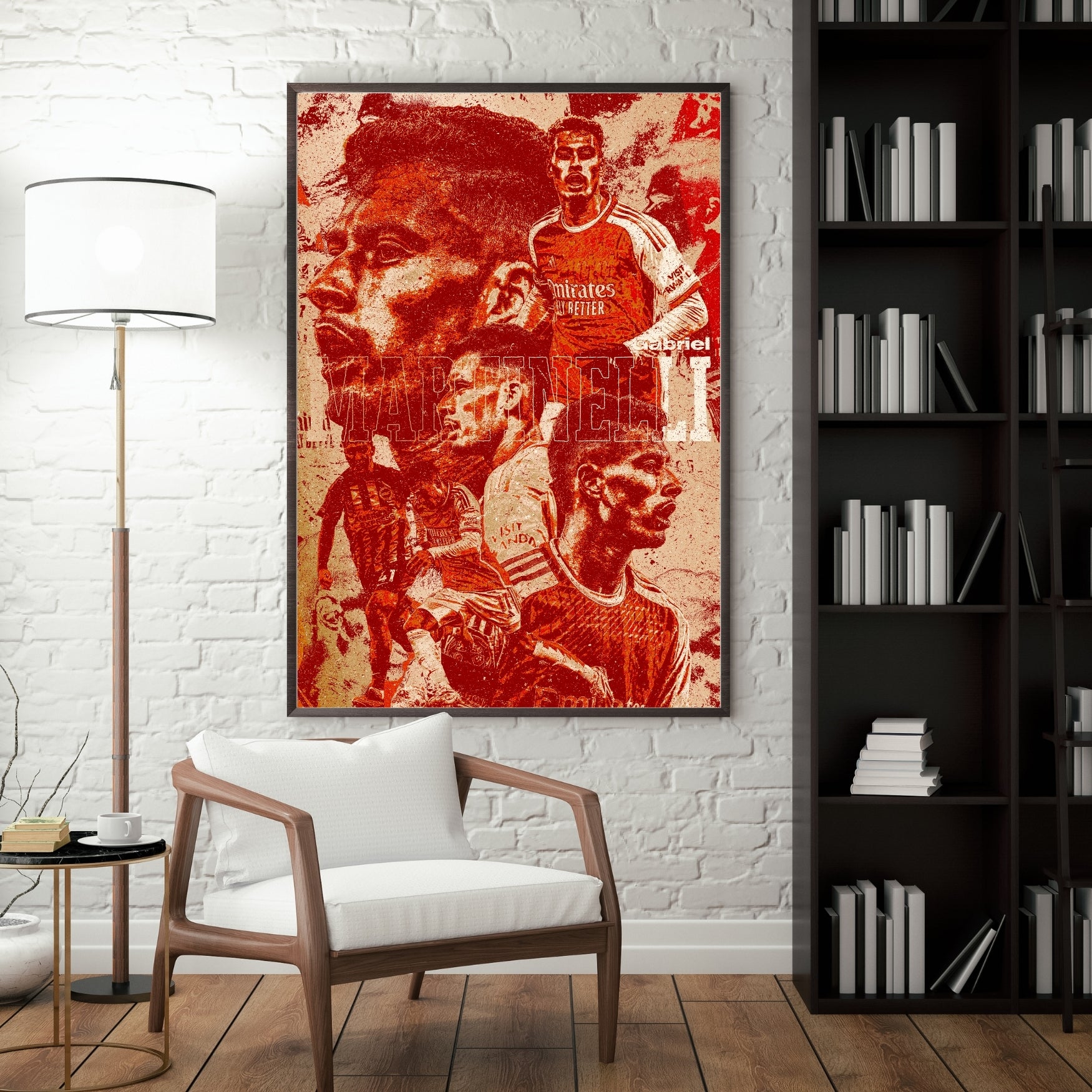 Gabriel Martinelli Arsenal poster displayed in a modern interior with a dark frame
