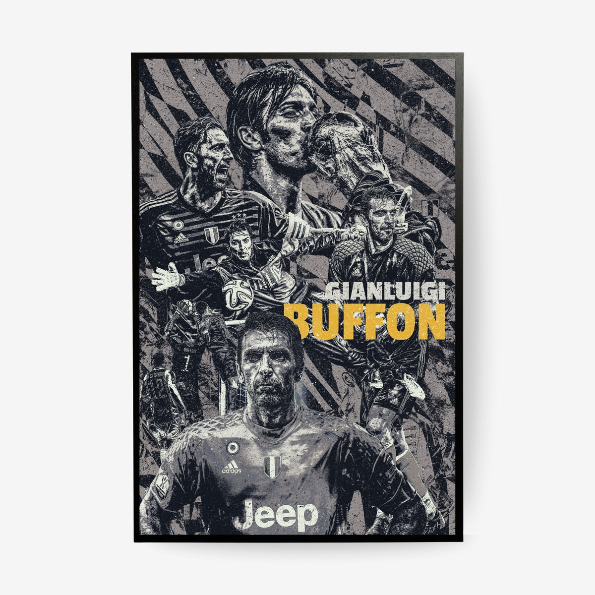Gianluigi Buffon Juventus football poster in a black frame featuring iconic career moments in a vintage black and white collage design