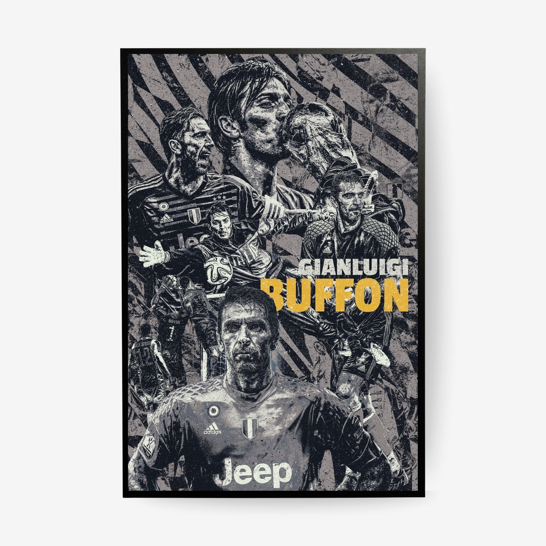 Gianluigi Buffon Juventus football poster in a black frame featuring iconic career moments in a vintage black and white collage design