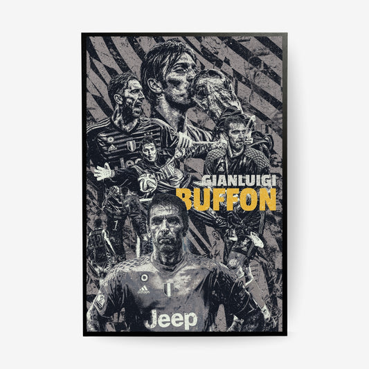 Gianluigi Buffon Juventus football poster in a black frame featuring iconic career moments in a vintage black and white collage design