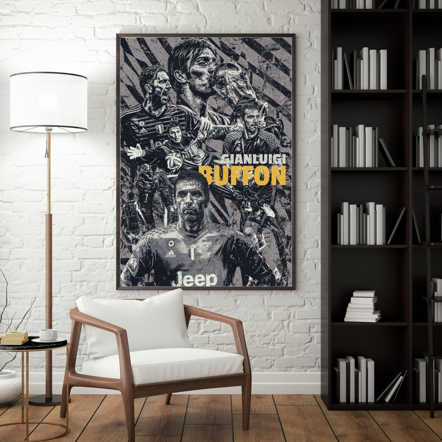 Gianluigi Buffon Juventus football poster displayed in a modern interior featuring iconic goalkeeper moments