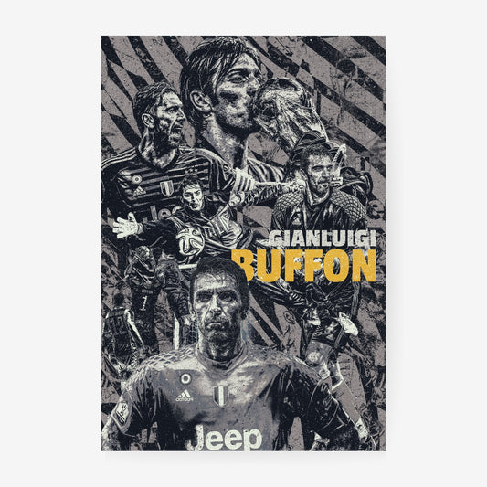 Gianluigi Buffon Juventus football poster featuring iconic goalkeeper moments and legendary Juventus imagery in a vintage collage design
