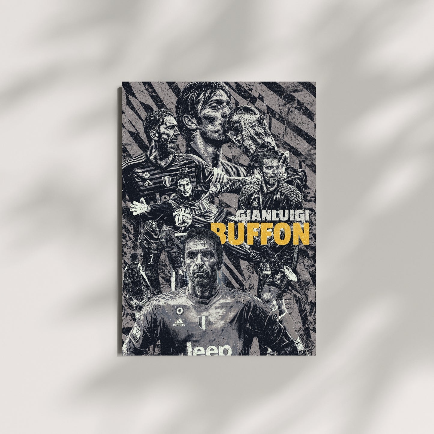 Gianluigi Buffon Juventus football wall art displayed on a modern wall with a black white and yellow collage design