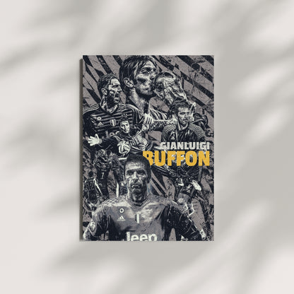 Gianluigi Buffon Juventus football wall art displayed on a modern wall with a black white and yellow collage design