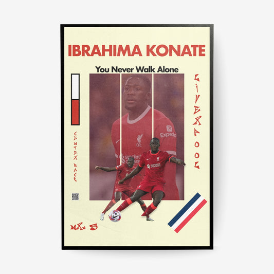 Ibrahima Konate football poster in a black frame featuring Liverpool inspired red artwork
