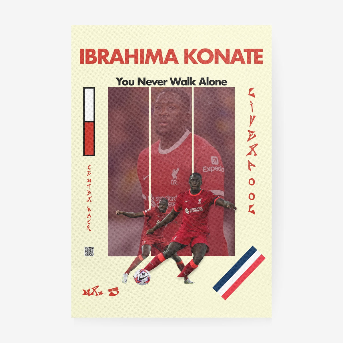 Ibrahima Konate football poster featuring Liverpool red colors and French inspired design