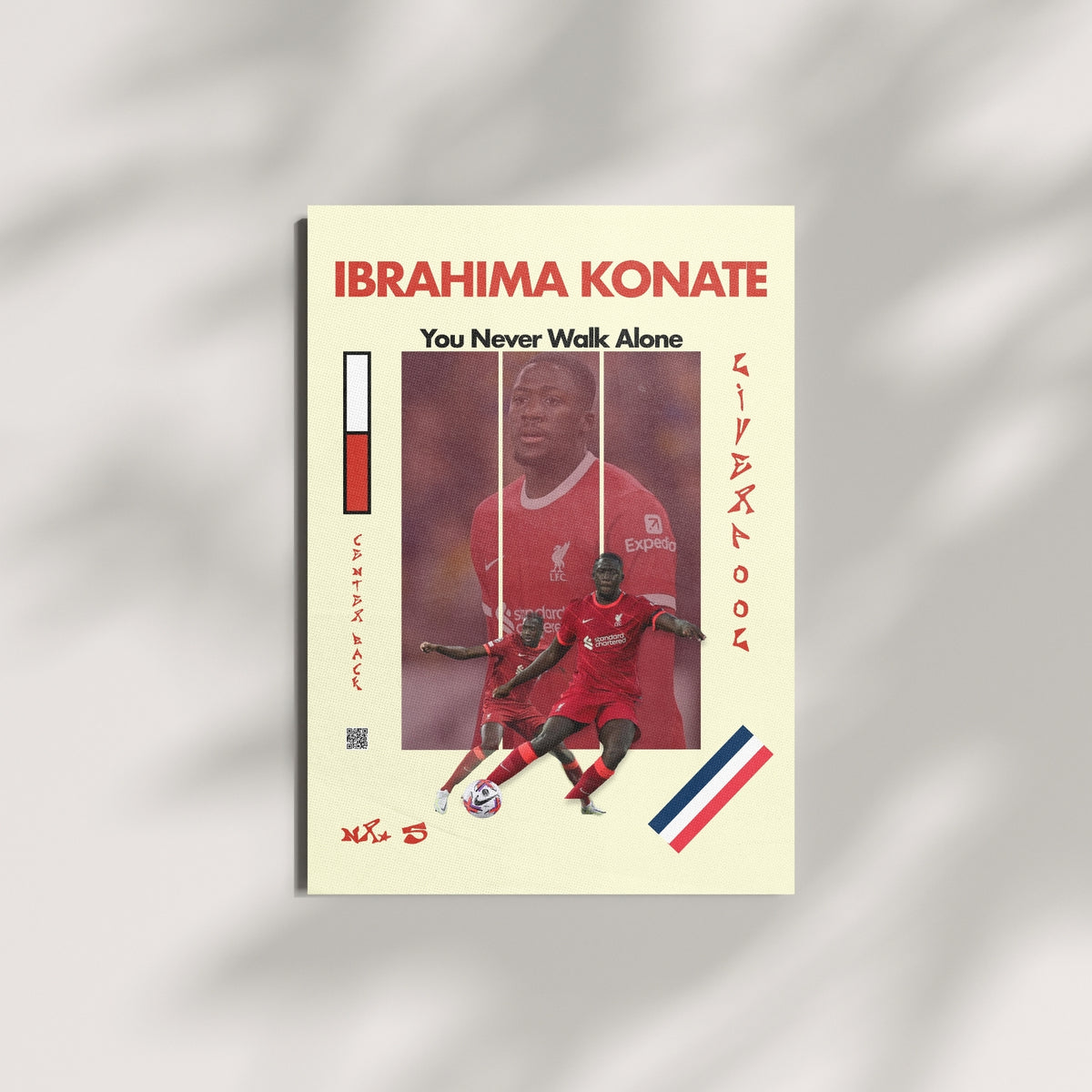 Ibrahima Konate football wall art featuring Liverpool inspired red artwork