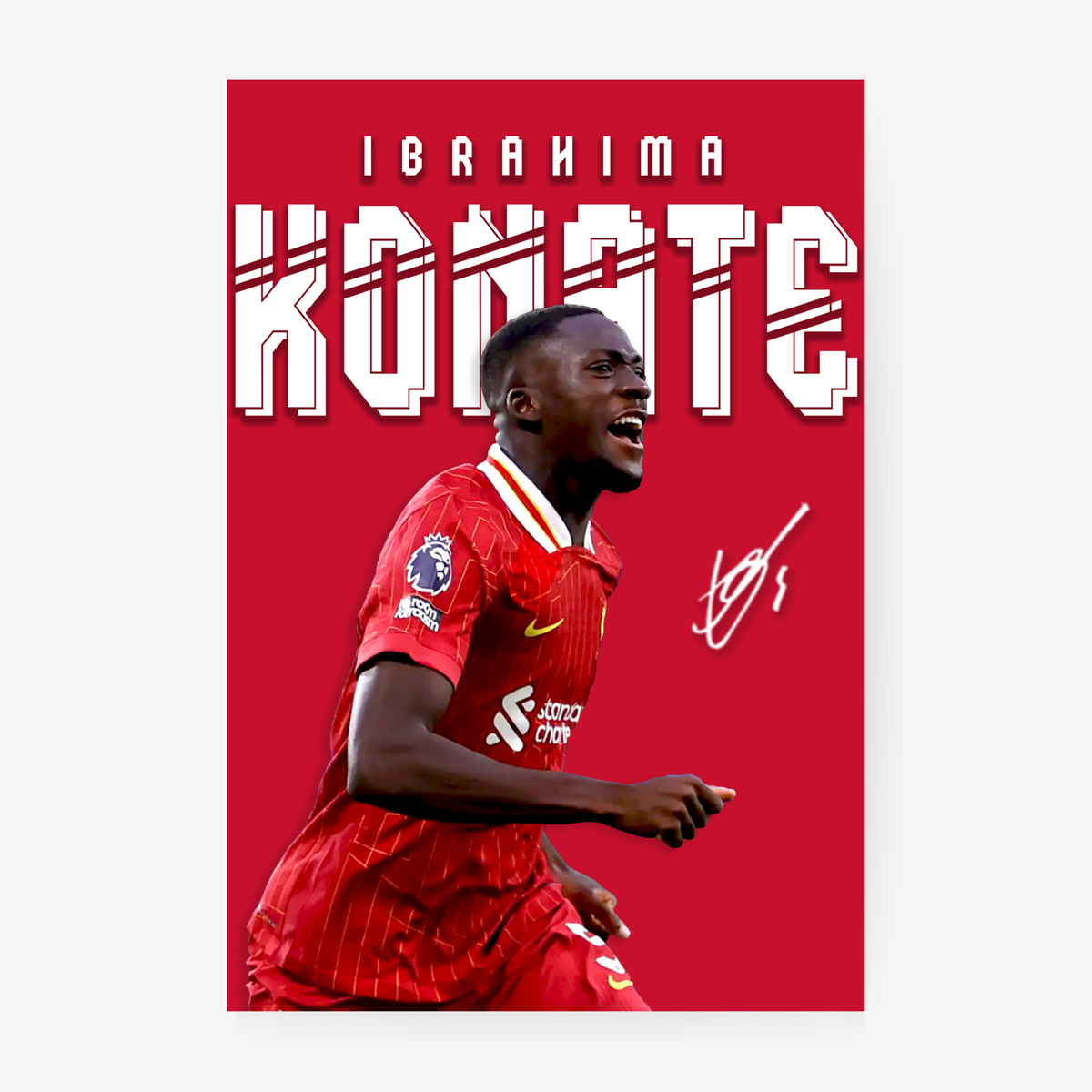 Ibrahim Konaté Liverpool football poster design in red background