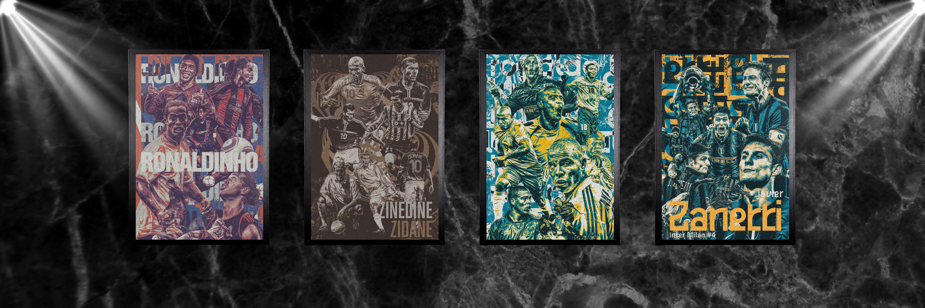 Football icons poster collection featuring legendary players like Ronaldinho, Zidane, Messi, and Ronaldo on a sleek black background.