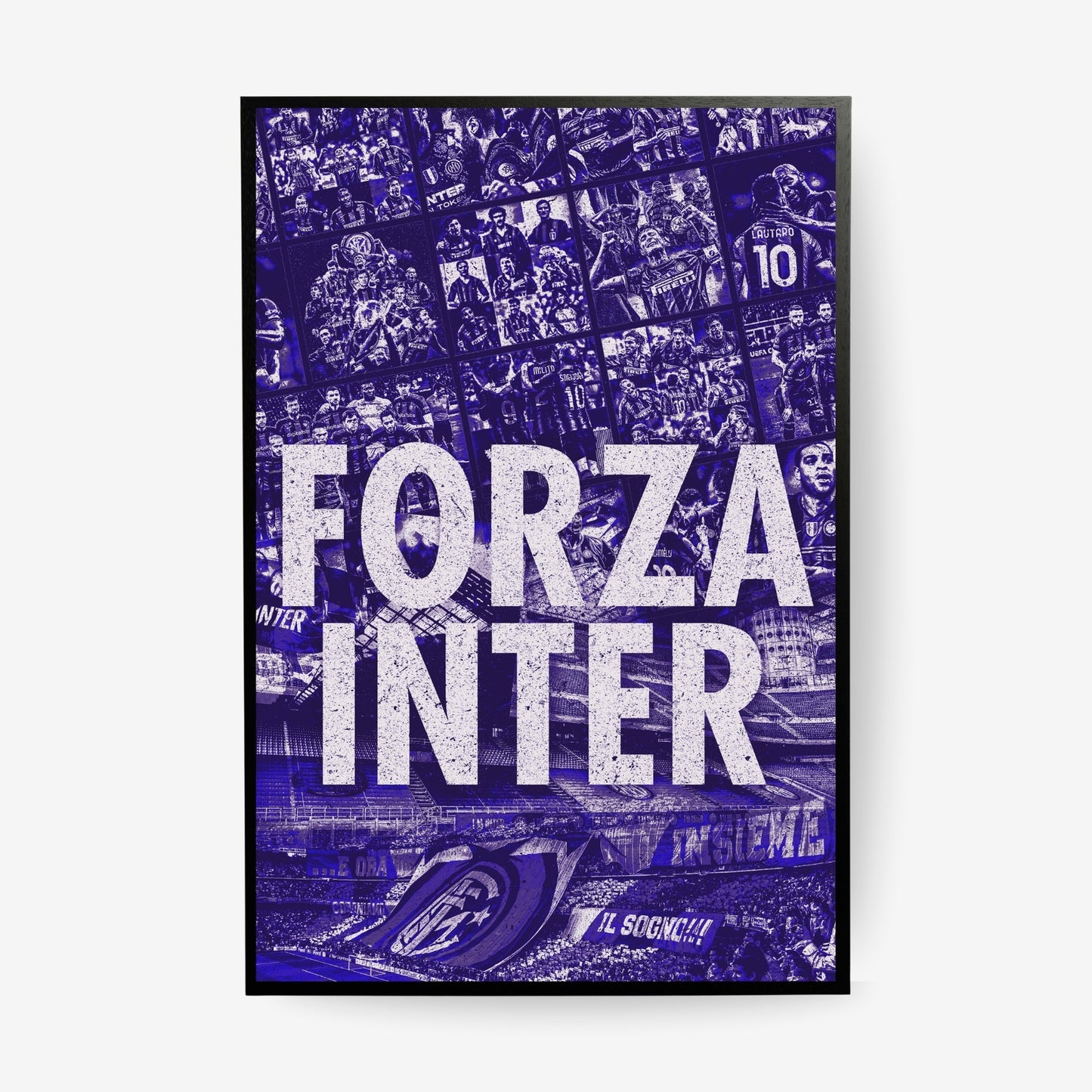Inter Milan football poster in a black frame featuring iconic players, historic moments and supporters