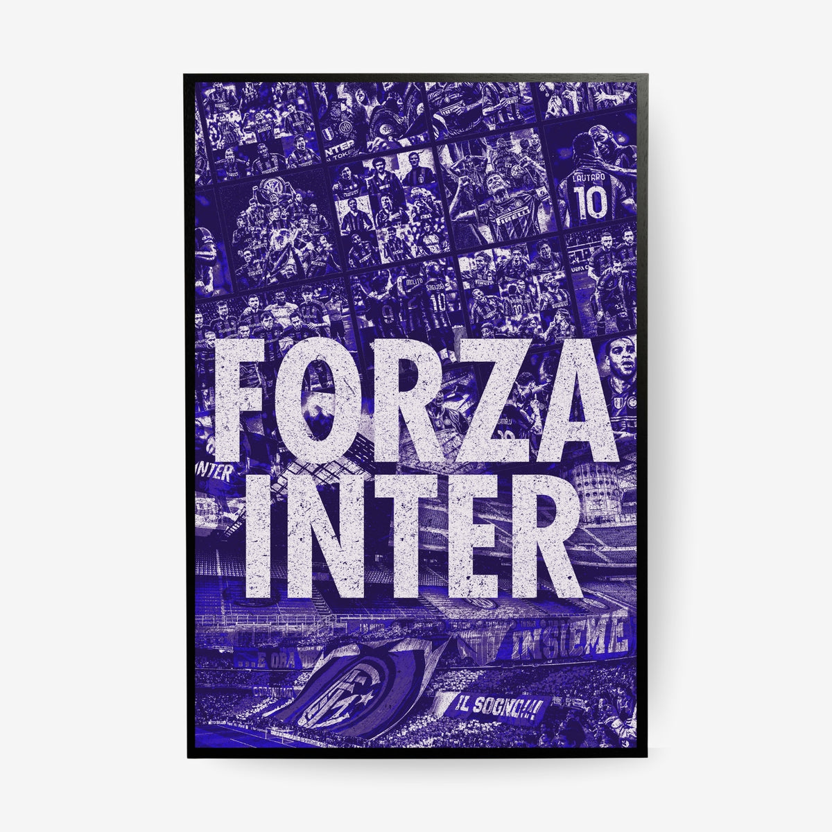 Inter Milan football poster in a black frame featuring iconic players, historic moments and supporters