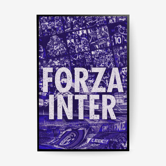 Inter Milan football poster in a black frame featuring iconic players, historic moments and supporters