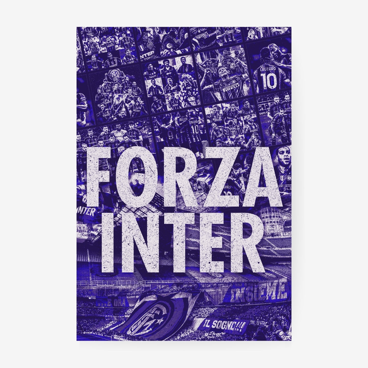 Inter Milan football poster collage featuring players, club history, San Siro and supporters
