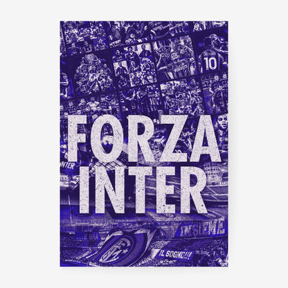 Inter Milan football poster collage featuring players, club history, San Siro and supporters