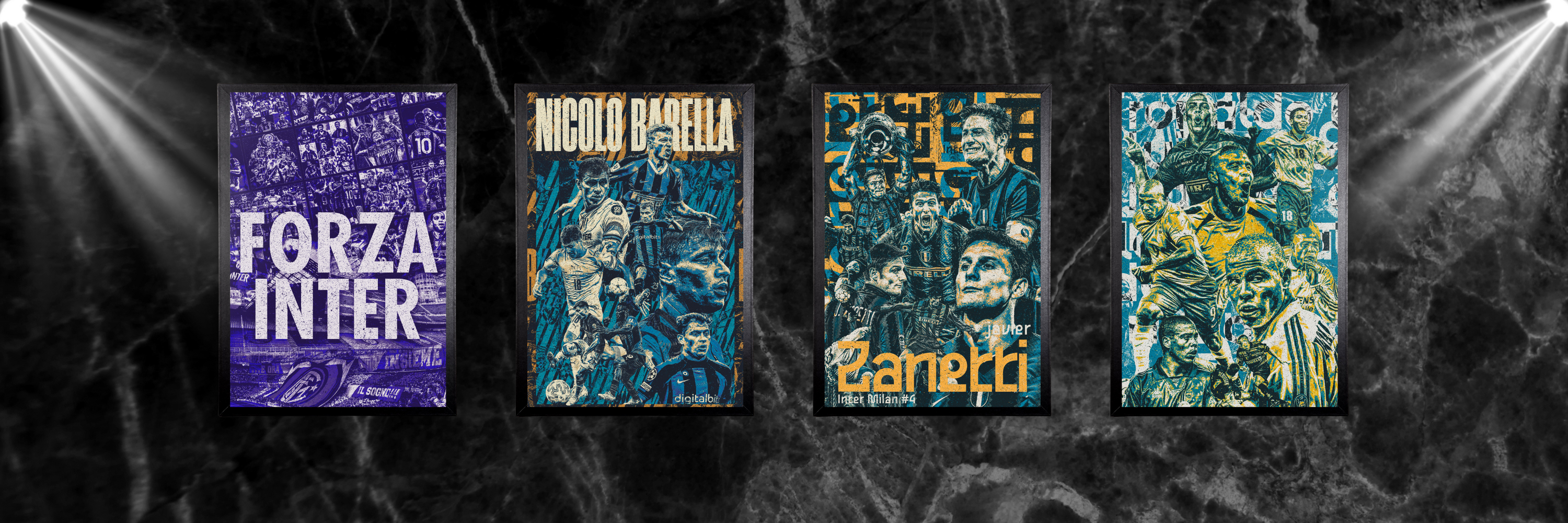 inter milan football poster collection showing 4 framed posters Internationale, nicolo barella, javier Zanetti and ronaldo "R9"