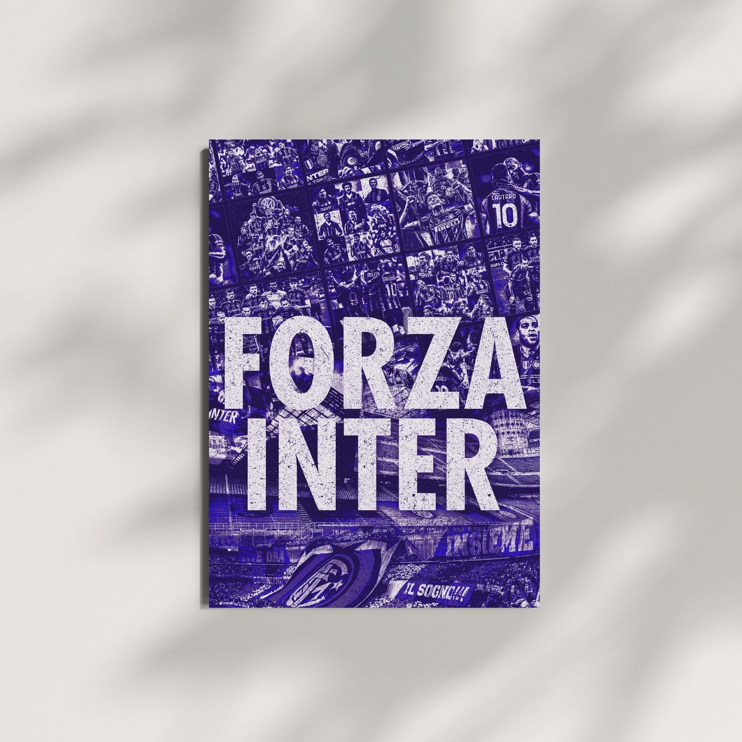 Inter Milan football wall art featuring a blue collage of players, historic moments and San Siro