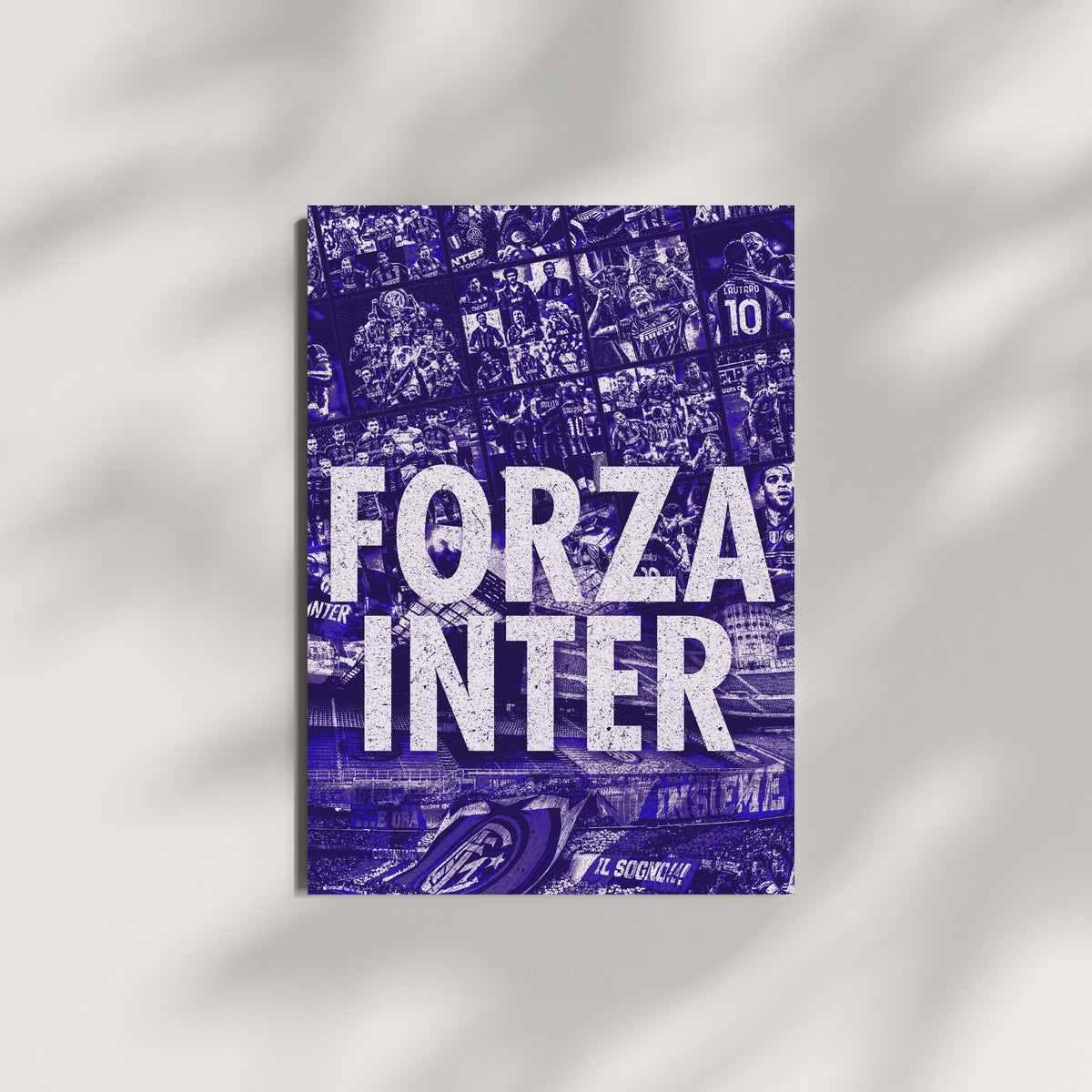 Inter Milan football wall art featuring a blue collage of players, historic moments and San Siro