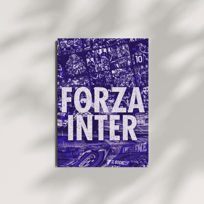 Inter Milan football wall art featuring a blue collage of players, historic moments and San Siro