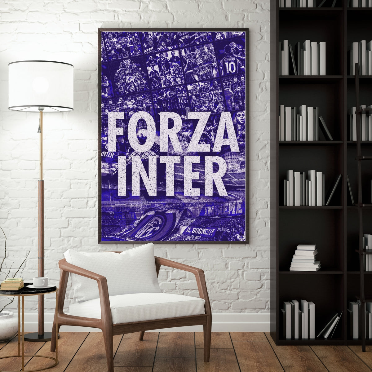 Inter Milan football poster displayed in a modern interior with a dark frame