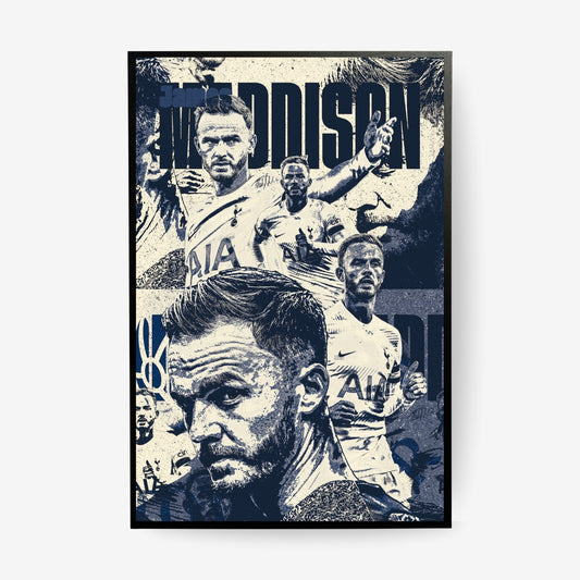 James Maddison Tottenham poster in a black frame featuring a navy and cream football collage design