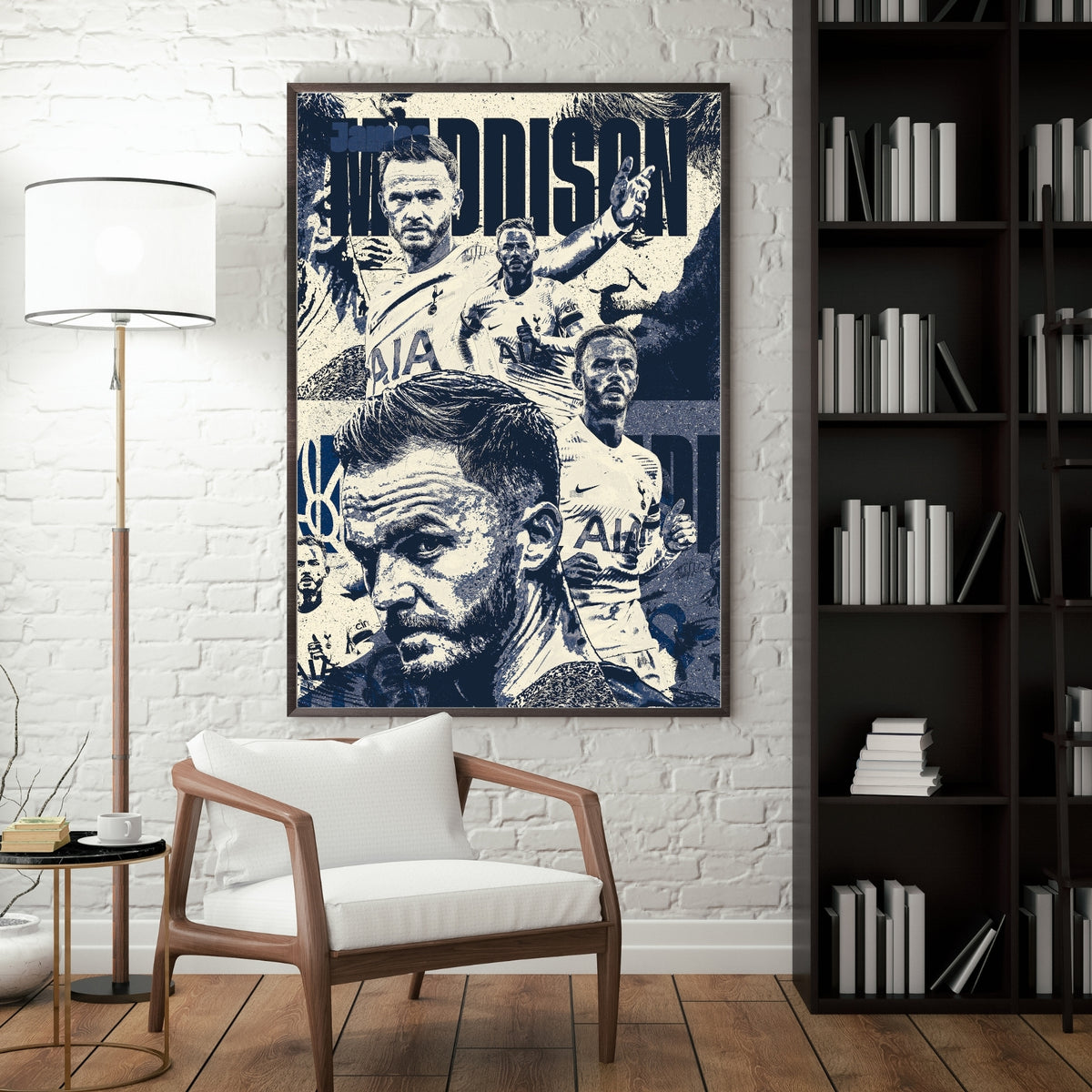 James Maddison Tottenham poster displayed in a modern interior with a dark frame